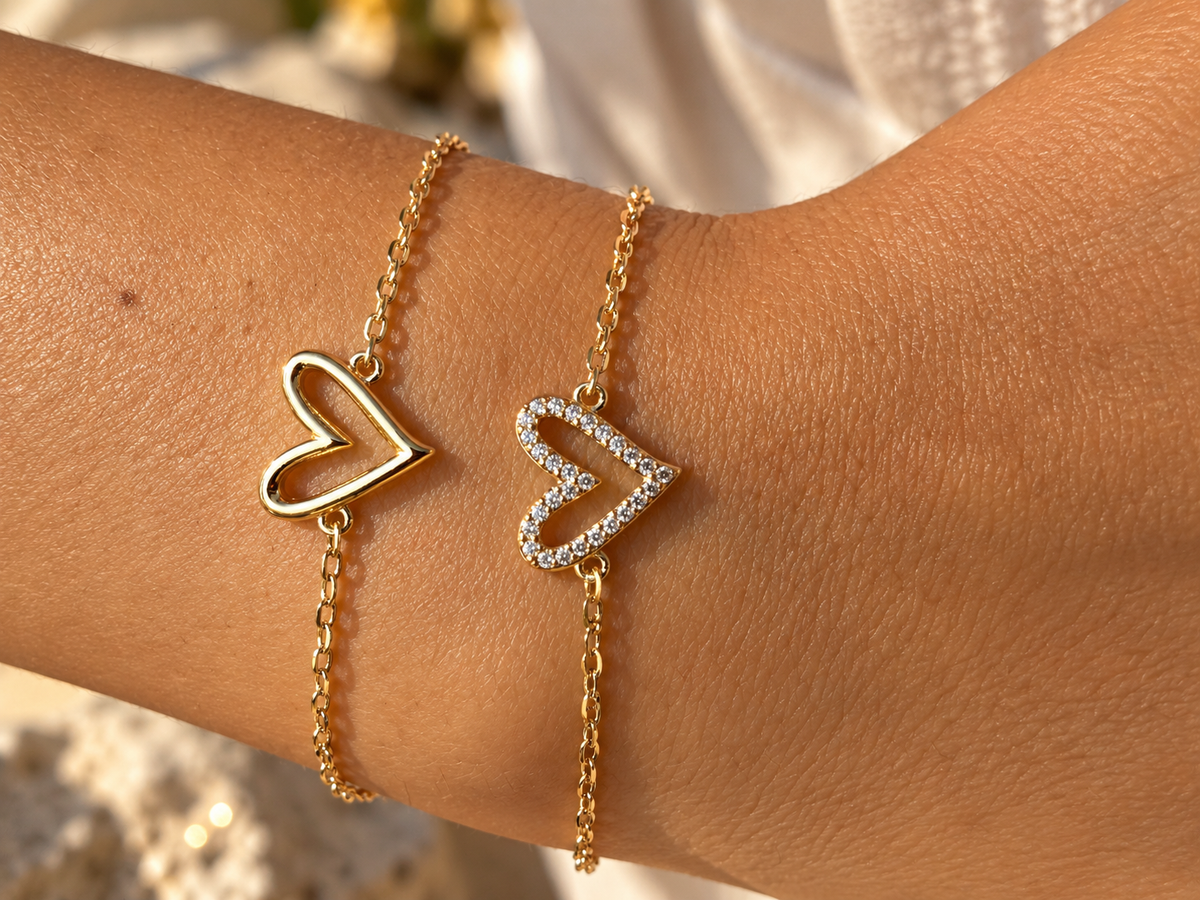 RUVÉL Matching Hearts Bracelet Set 14K Gold