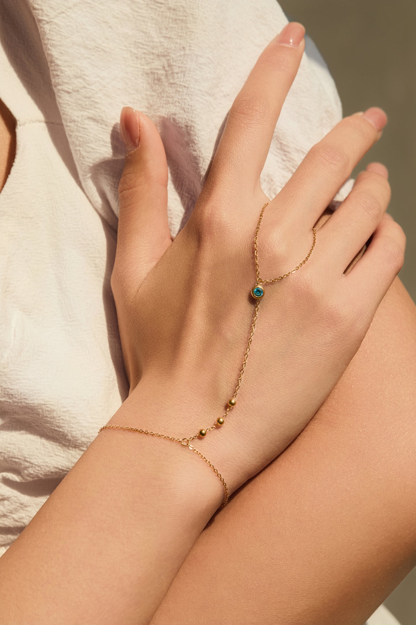 March Aquamarine Birthstone Hand Chain Bracelet