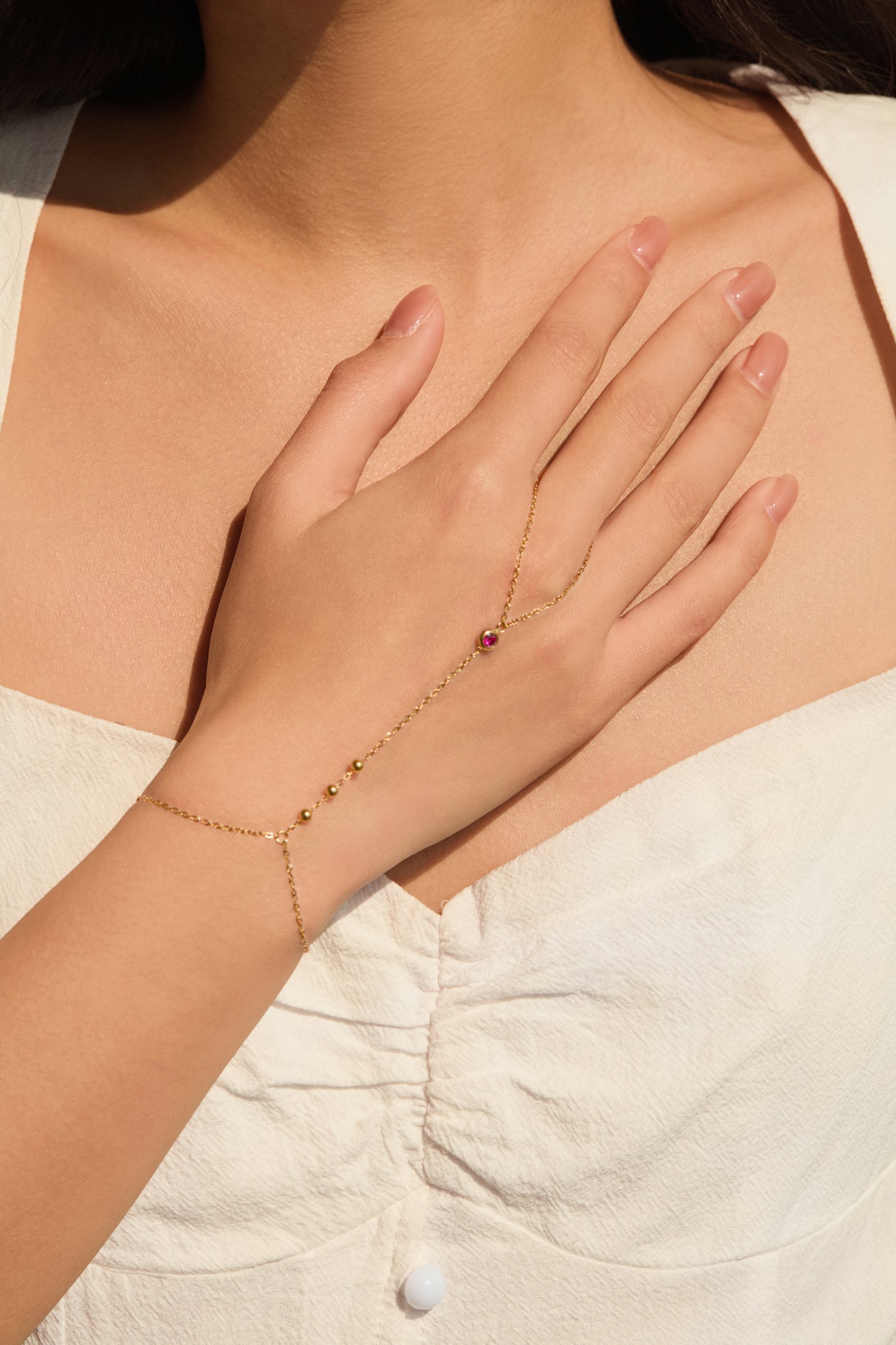 July Ruby Birthstone Hand Chain Bracelet