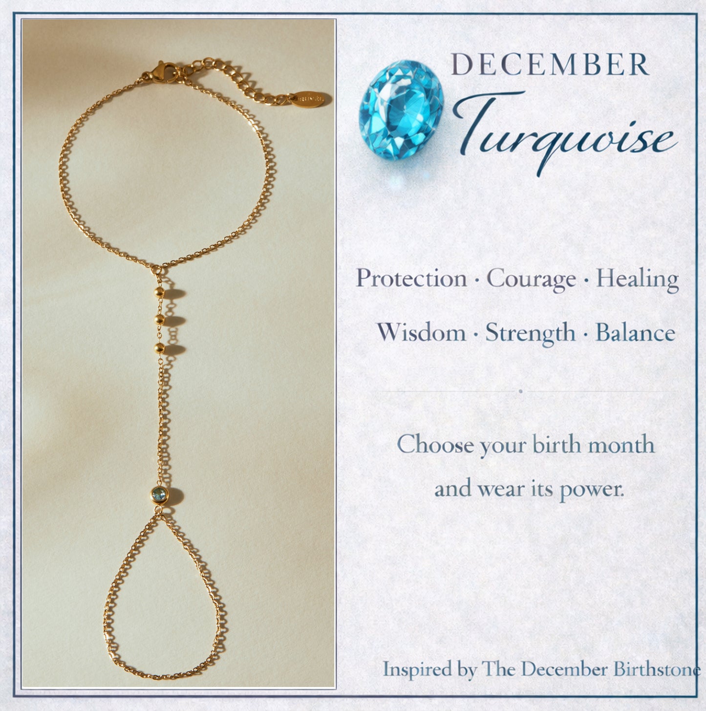 December Turquoise Birthstone Hand Chain Bracelet
