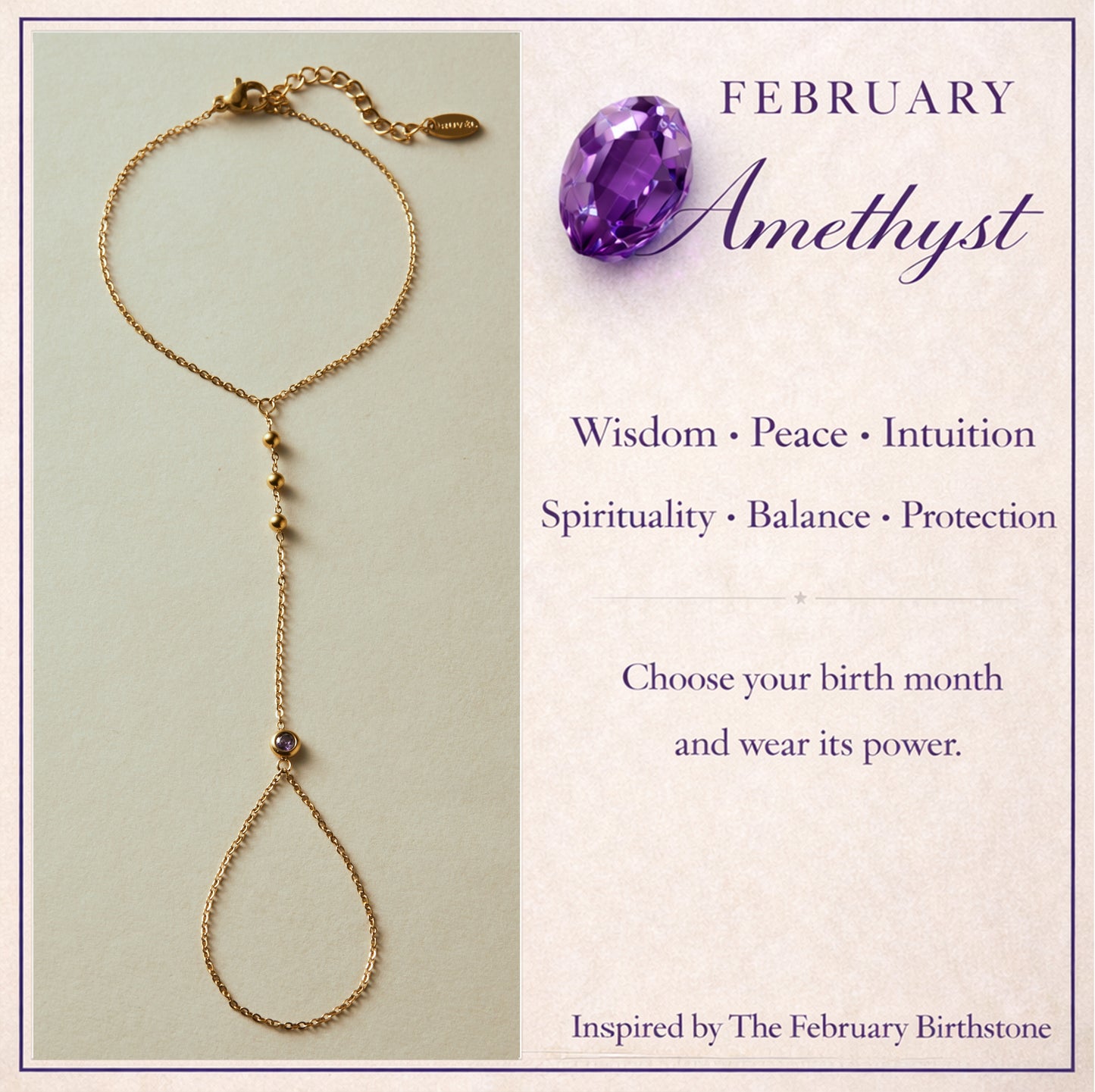 February Amethyst Birthstone Hand Chain Bracelet