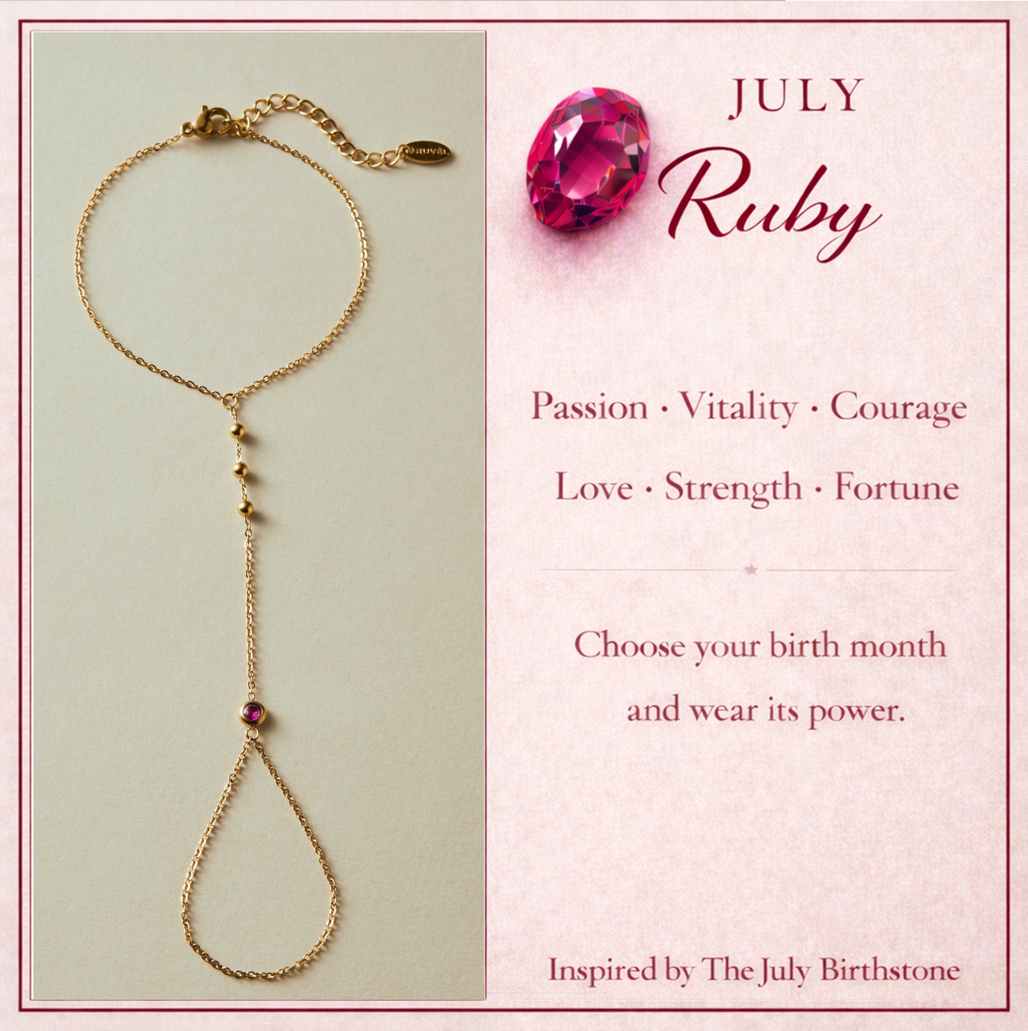 July Ruby Birthstone Hand Chain Bracelet