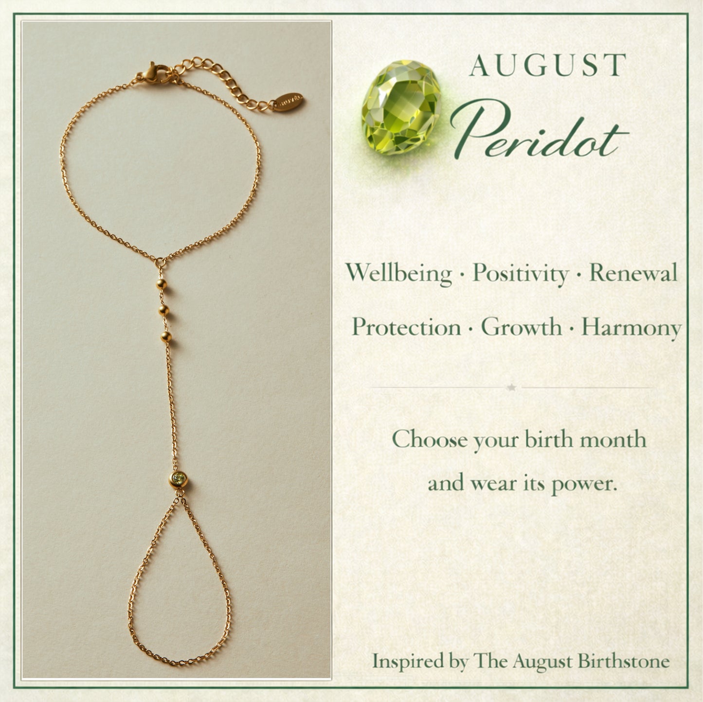 August Peridot Birthstone Hand Chain Bracelet