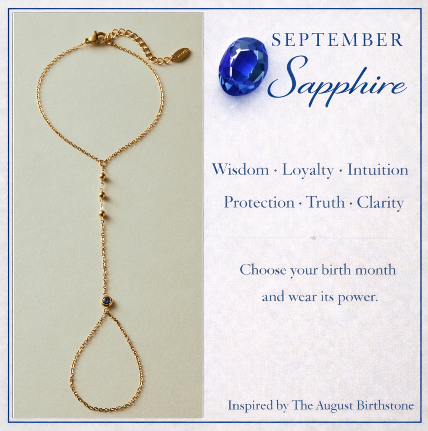 September Sapphire Birthstone Hand Chain Bracelet