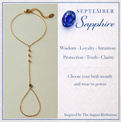 September Sapphire Birthstone Hand Chain Bracelet