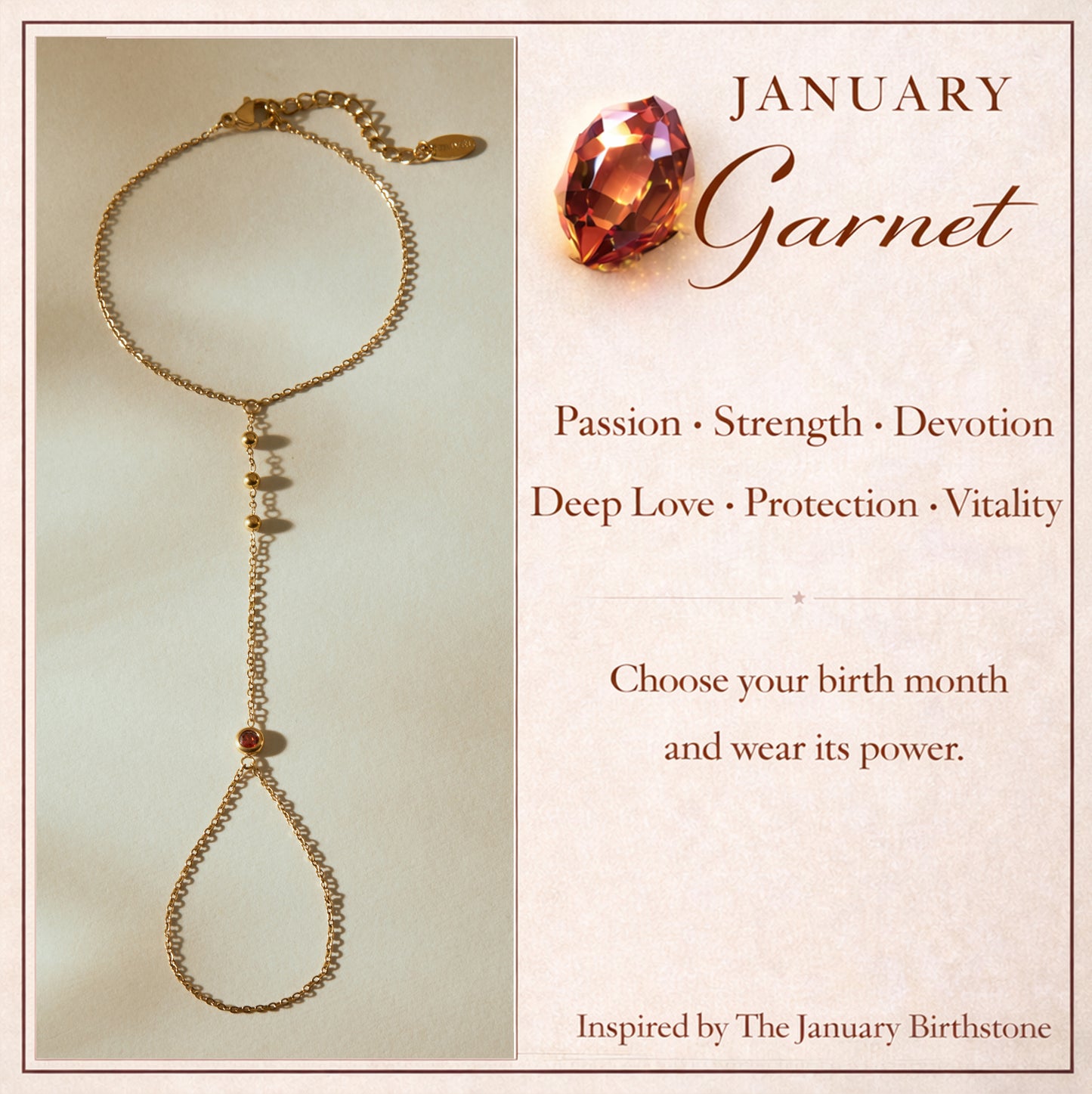January Garnet Birthstone Hand Chain Bracelet