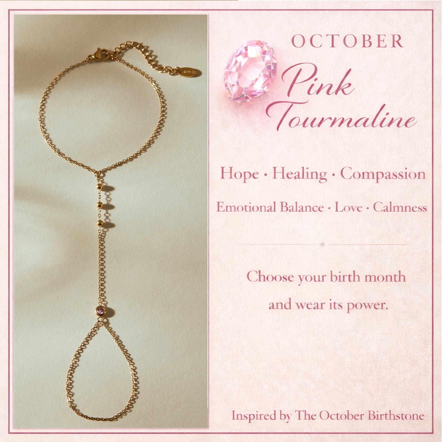 October Pink Tourmaline Birthstone Hand Chain Bracelet